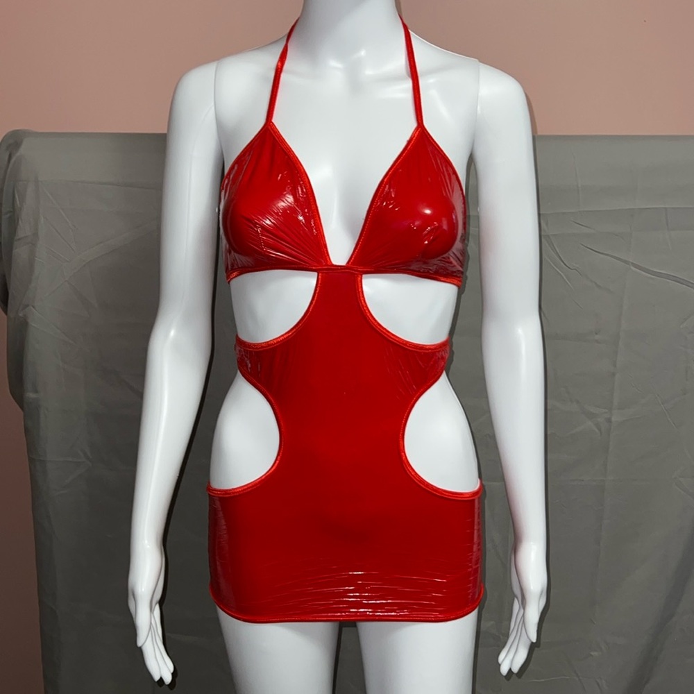 Exposed Red Faux Leather Cutout Micro Dress